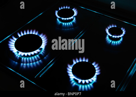 Belle cuisine gaz bleu flammes brûler, avec un arrière-plan sombre. Idéal pour la cuisson et de l'énergie thèmes. Banque D'Images