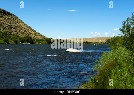 Pêche à la mouche guidées à partir d'un bateau flottant, Madison River, Montana Banque D'Images