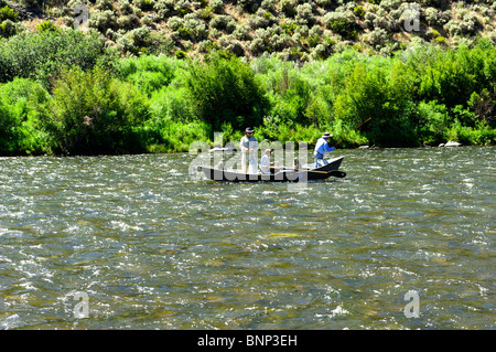 Pêche à la mouche guidées à partir d'un bateau flottant, Madison River, Montana Banque D'Images