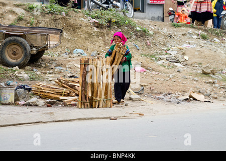 Femme de la minorité la vente de bois de chauffage au marché du dimanche de Bac Ha, Vietnam Banque D'Images