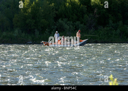 Pêche à la mouche guidées à partir d'un bateau flottant, Madison River, Montana Banque D'Images