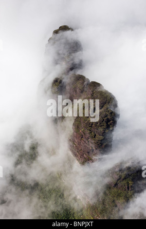 Vue aérienne de nuages tourbillonnant autour du sommet de la montagne de grès près du Mont Roraima tepui Venezuela Banque D'Images