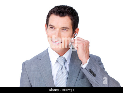 Agent service client positif à l'aide du casque Banque D'Images