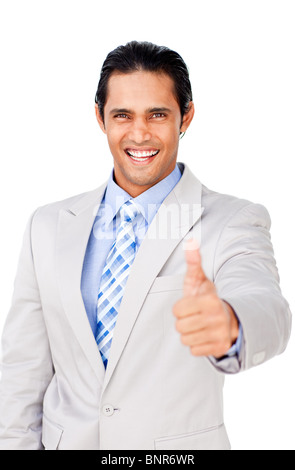 Young businessman with thumb up célébrant une victoire Banque D'Images