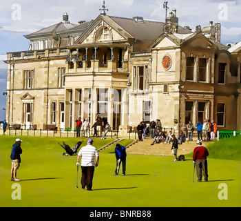 Illustration du 18ème green ainsi qu'un pavillon sur le Old Course à la Royal and Ancient Golf Club, St Andrews, Fife, en Écosse. Banque D'Images