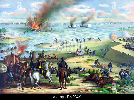 Tirage d'époque représentant la bataille du moniteur et Merrimack dans la guerre de Sécession - première bataille navale entre cuirassés. Banque D'Images