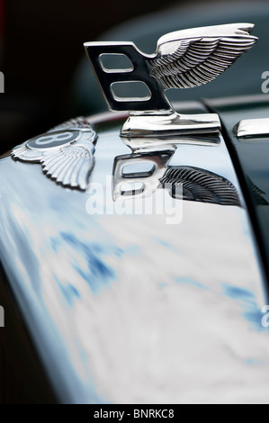 Bentleys winged ' B ' d'un insigne et d'un bonnet hood ornament. Voiture vintage britannique classique Banque D'Images