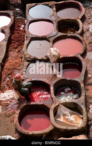 Un homme travaillant parmi les cuves de teinture du plus grand des tanneries de Fès Maroc Banque D'Images