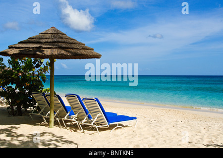 Chaises de plage et parasol sur la plage de Grand Anse à la Grenade Banque D'Images