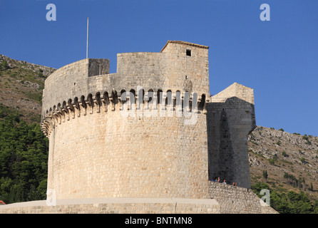 Tour du château et remparts de la ville fortifiée mur autour de la vieille ville de Dubrovnik, Croatie Banque D'Images