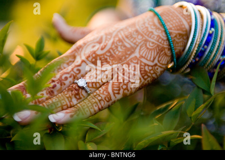 La décoration de la peau - Mehndi de henné sur la main de la mariée indienne Banque D'Images