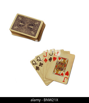 Ancien jeu de cartes de poker avec full house Banque D'Images