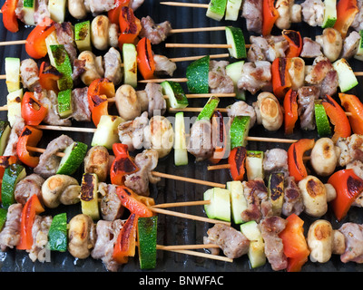 Grill avec bâtonnets de viande et de légumes sur le feu. Banque D'Images