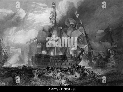 Gravure en noir et blanc de la bataille de Trafalgar. Banque D'Images