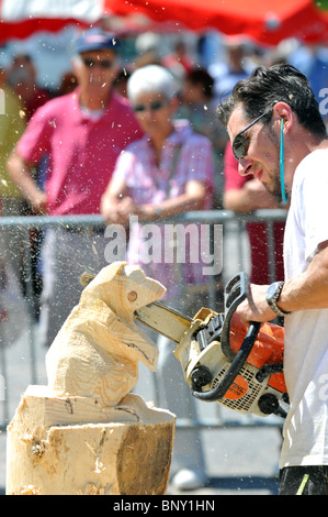 Démonstration de sculpture sur bois à la tronçonneuse, l'homme sculpte un animal figure à partir de bois avec une scie à chaîne Banque D'Images