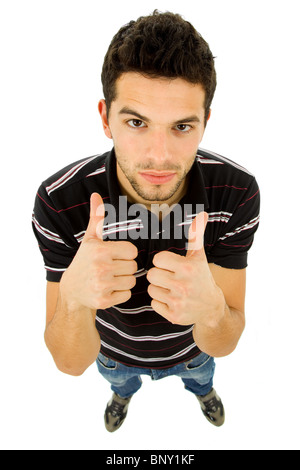 Jeune homme passe Thumbs up in a white background Banque D'Images