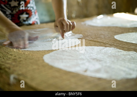 La production artisanale des feuilles de riz de noix de coco, feuilles de sécher dans soleil Banque D'Images