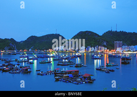 Des bateaux et des maisons flottantes en face de la ville de Cat Ba, sur l'Ile de Cat Ba, au Vietnam. Banque D'Images