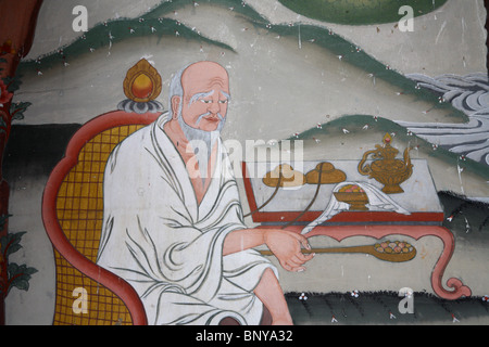 Détail d'une fresque dans le Tashichho Dzong monastère à Thimphu, Bhoutan. Banque D'Images