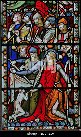 Fenêtre en vitraux conçue par John Hardman Powell, représentant Knightly Saints, All Saints Church, Ladbroke, Warwickshire Banque D'Images