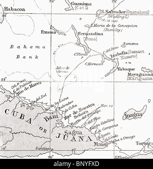 Carte montrant le cours de Christophe Colomb de Guanahani à Cuba en 1492. Banque D'Images