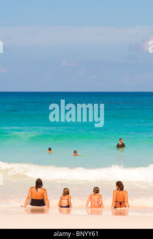 Une famille jouer dans le surf sur la plage de sable rose, Harbour Island, Bahamas. Banque D'Images