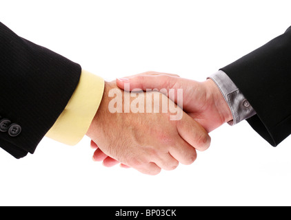 Poignée de main, les hommes et les femmes sur un fond blanc Banque D'Images