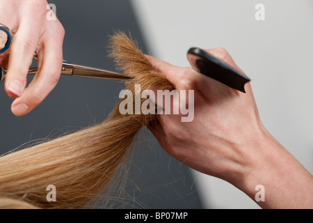 Close-up of salon de mains la coupe de cheveux Banque D'Images