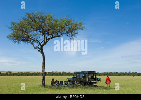 Au Kenya, le Masai Mara. Petit-déjeuner sous un arbre tandis que dehors sur balanites un jeu de route de Topi Chambre. Banque D'Images