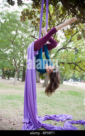 Jeune femme faisant des acrobaties dans l'arbre Banque D'Images