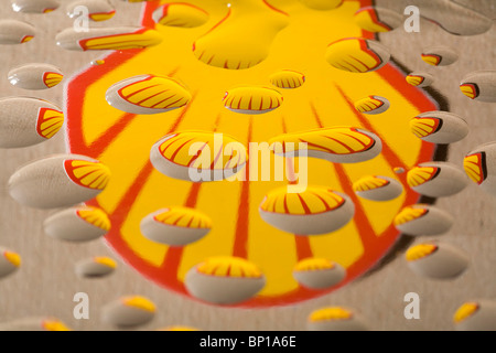 La Shell Oil logo est vue reflétée dans les gouttelettes d'huile sur un capot de voiture. Photo par James Boardman. Banque D'Images