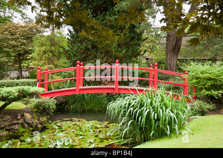 Pont rouge sur un étang dans un jardin japonais à formelle du Haras National, Kildare Banque D'Images