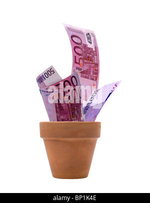 Euro 500 factures dans un pot de fleurs Banque D'Images