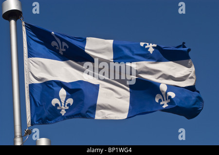 Drapeau du Québec bleu et blanc avec des nénuphars, Montréal, Canada, blue skye Banque D'Images