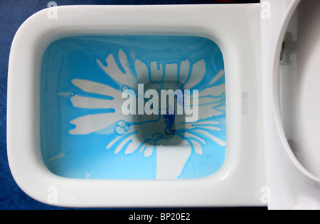 Agent de nettoyage bleu dans une cuvette de toilette, Ménage de l'hygiène. Banque D'Images