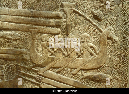 Bateaux avec proue en forme de tête de cheval LE TRANSPORT DE BILLES. Le SOULAGEMENT DE LA PALAIS DU ROI SARAGON II À KHORSABAD 721 - 705 ROI DE LA C.-B. Banque D'Images