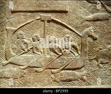 Bateaux avec proue en forme de tête de cheval LE TRANSPORT DE BILLES. Le SOULAGEMENT DE LA PALAIS DU ROI SARAGON II À KHORSABAD 721 - 705 ROI DE LA C.-B. Banque D'Images