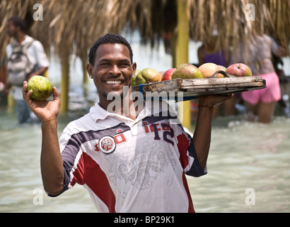 Homme de la région de vendre des mangues sur la plage dans la baie de Cholon. Banque D'Images