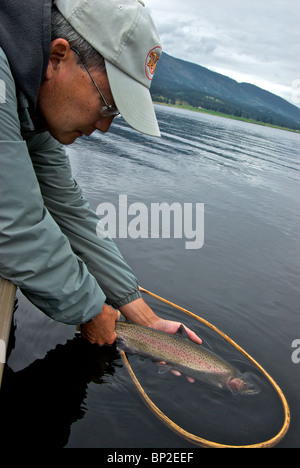 Pêcheur en admirant le lac sauvage rayé cramoisi Mamit truite arc-en-ciel en filet de l'atterrissage avant la mise en liberté Banque D'Images