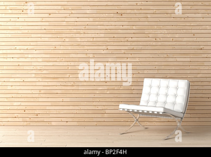 Design intérieur de mur en bois avec chaise en cuir blanc et copier l'espace sur le coin supérieur gauche Banque D'Images