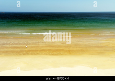 Femme de marcher seul sur la plage déserte le long de rochers blancs entre Portrush et Bushmills, Irlande du Nord Banque D'Images