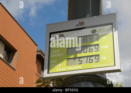 Indicateur de panneau solaire à l'Université de Central Lancashire, montrer la quantité de CO2 économisée Banque D'Images