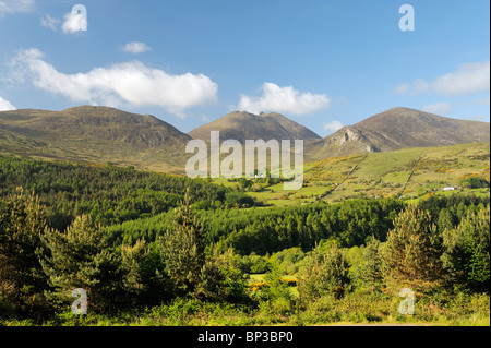 Les montagnes de Mourne, comté de Down, Irlande du Nord. Au sud sur la vallée et Trassey Tollymore Forest Park de Slieve Bearnagh Banque D'Images