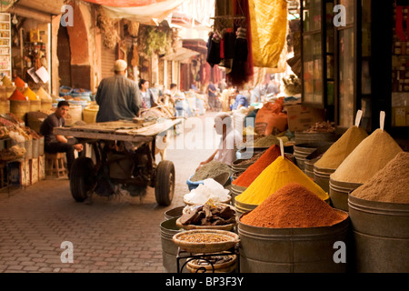 Boutiques d'épices dans les souks de Marrakech Banque D'Images