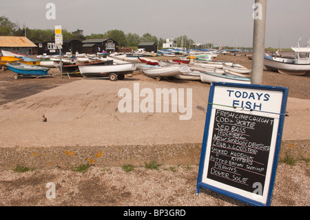 Un signe d'aujourd'hui ligne frais de publicité pour la vente du poisson pêché à Orford , Suffolk , Bretagne , France Banque D'Images