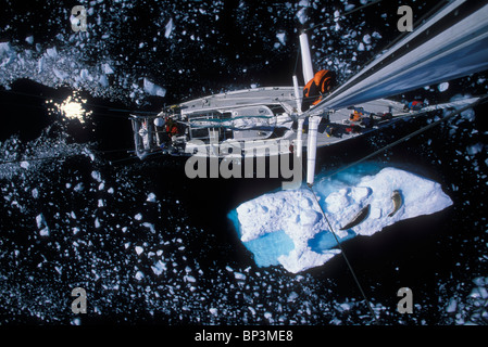 L'antarctique, Canal Lemaire, vue depuis le mât du S/V Esprit de Sydney par les phoques crabiers (Lobodon carcinophagus) sur l'iceberg Banque D'Images