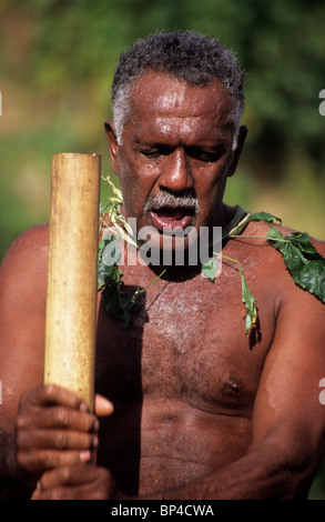Un homme martelant le kava pour une cérémonie traditionnelle, waya lailai, Yasawa Islands, Fidji, Pacifique sud Banque D'Images
