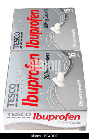 Deux boîtes de pack 16 Tesco 200mg Caplets d'Ibuprofène Banque D'Images