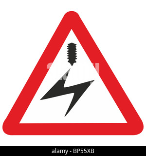 Uk road sign danger haute tension ligne électrique aérienne Banque D'Images