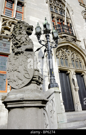Statue de lion et d'armoiries en face de la Maison Palais Provincial, Place du marché, Bruges, Belgique Banque D'Images